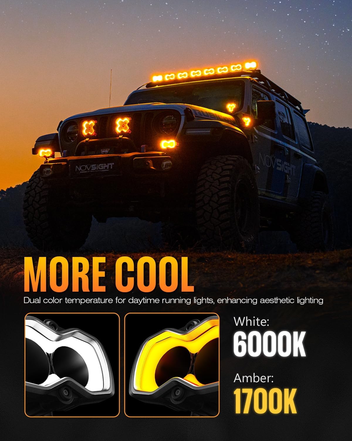 NOVSIGHT HALO Series 4.5" LED Pod Lights – 60W Off-Road Ditch Lights with Amber/White DRL (Pair)