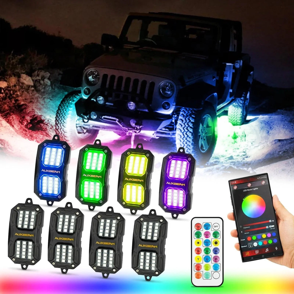 Auxbeam Vibrant Series 8-Pod RGB LED Rock Lights Kit – Bluetooth App & Remote Control