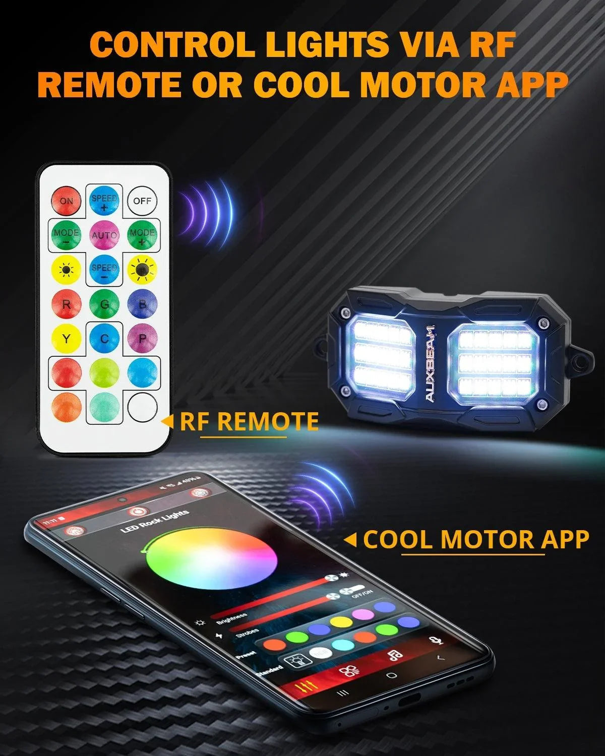 Auxbeam Vibrant Series 8-Pod RGB LED Rock Lights Kit – Bluetooth App & Remote Control