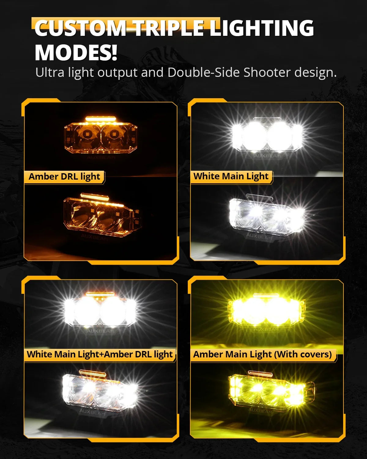 Auxbeam V-MAX 4" 72W Spot Beam Side Shooter LED Rectangular Pod Lights with Amber DRL (Pair)