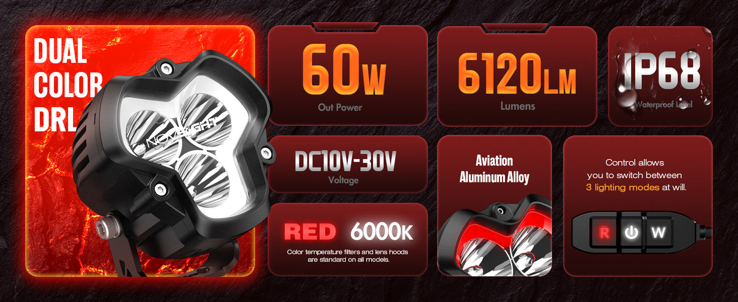 HALO SE Series 3-inch LED Pod Lights with Red and White DRL