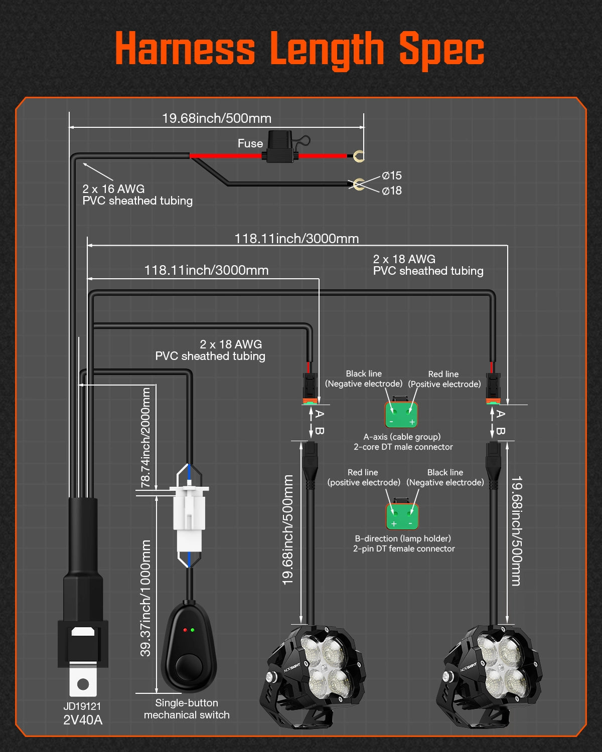 CYBER Series 3 Inch Pod Lights - Size Reference and Harness
